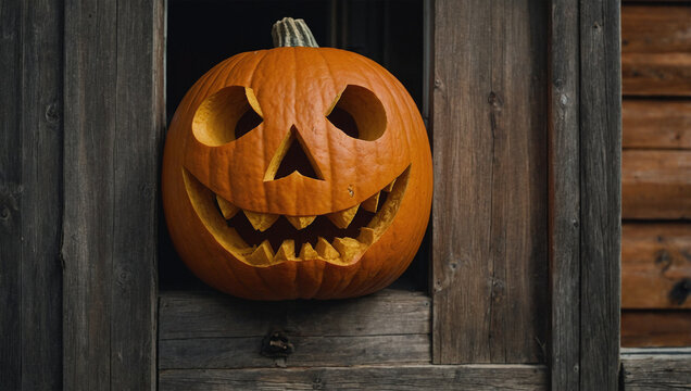 Imange pumpkin with carved eyes and mouth in front of the house door 12