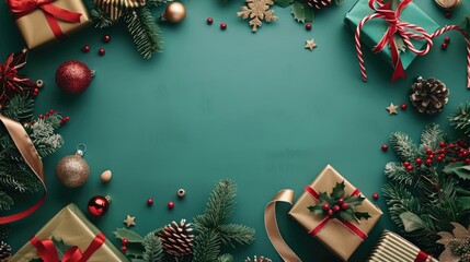 Christmas and New Year themed flat lay with decorations on green paper