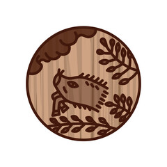 木彫り風円形ミニ花札　文月　萩　猪　7月　萩に猪