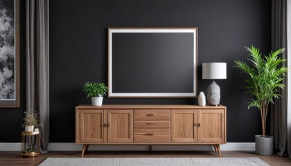 Wall art mockups. Frames for art on a black wall. Gallery in dark colors. 