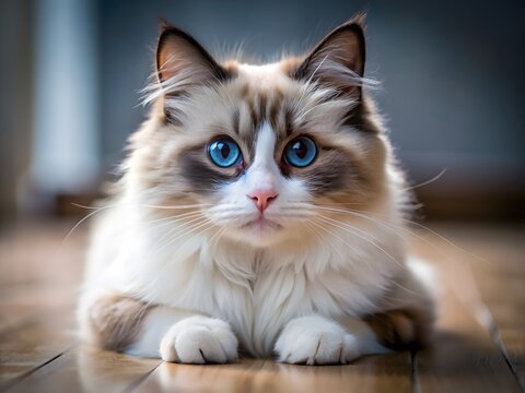 A Beautiful Ragdoll Cat With Blue Eyes Is Sitting On The Floor And Looking At The Camera.