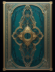 The front cover of the game card, turquoise and gold style, symmetrical composition