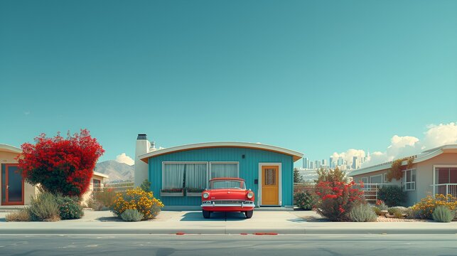 Retro Vintage view of a small b lue home with a red car out front - old-school style 