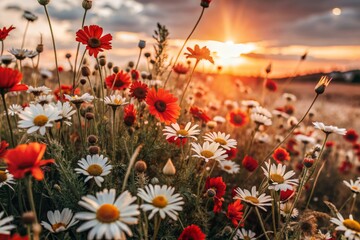 A field of white and red flowers with the sun setting in the background