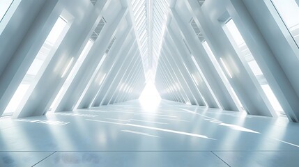 5. Develop a digital illustration of an expansive and serene long light corridor with a minimalist white backdrop, complemented by a futuristic sci-fi triangle tunnel in a 3D rendering. Craft a
