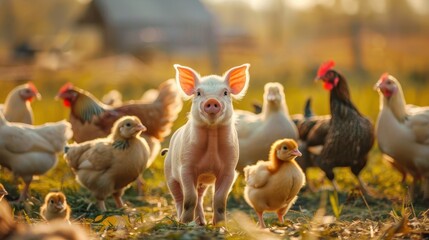 A young piglet stands in a field with chickens and chicks