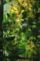 A vine wrapping around a digital screen displaying nature scenes 