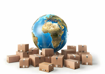 A globe sits atop a pile of cardboard boxes, representing global shipping and trade.