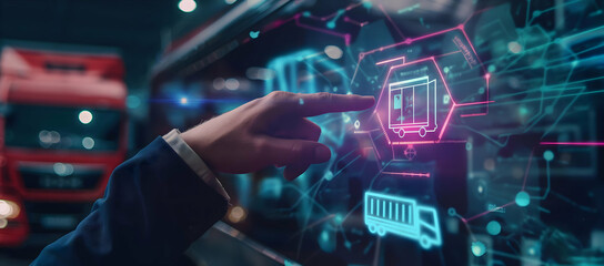 Fototapeta premium A hand interacts with a futuristic digital interface, showcasing technological advancements.