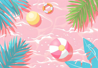 Naklejka premium A beach scene with tropical leaves, a beach ball, and a life ring floating on pink water. Summertime vibes.
