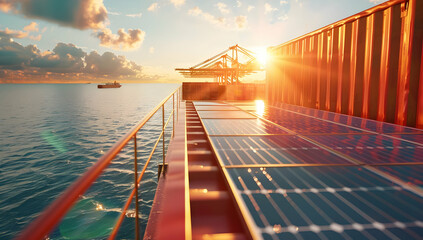 A cargo ship with solar panels on its deck, sailing at sunset. The sun shines brightly behind a crane on the dock.