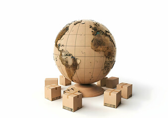 A cardboard globe sits on a wooden stand, surrounded by cardboard boxes.  A conceptual image of global shipping or delivery.