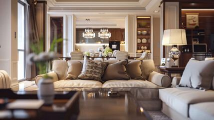 Beige and brown living room interior with copy space text for home, design, and luxury.
