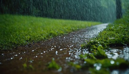 Heavy rainfall on a green jungle, nature background of a tropical environment during a rainy day with copy space
