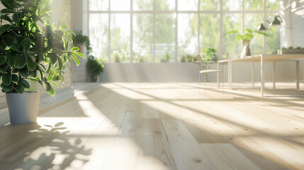 Fototapeta premium White wooden floor with sunlight streaming through window with copy space text for home, design, and minimalist.