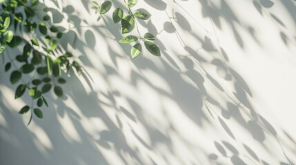 Green leaves and shadows on white wall with copy space text for nature, design, and minimalist.