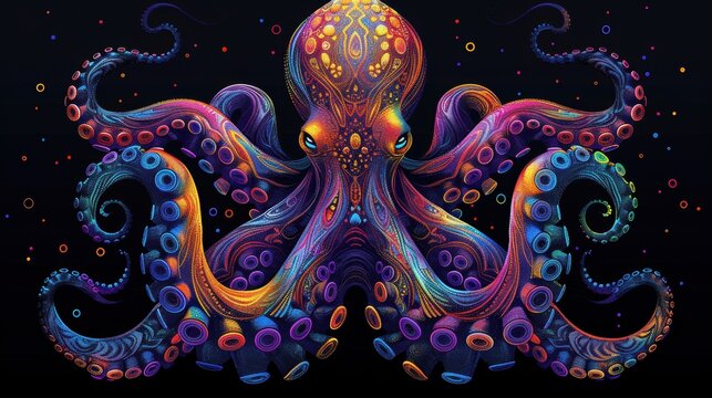 Vibrant and Intricate Digital Illustration of a Colorful Octopus with Detailed Patterns