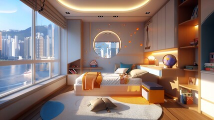 Obraz premium 창밖에 바닷가에 위치한 대도시가 보이는 고층 아파트의 어린이방-Children's bedroom in a high-rise apartment overlooking a coastal city