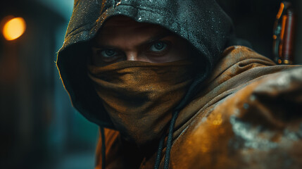 a shadowy figure in a black hoodie and mask, clutching a hefty bag packed with cash, suggesting a high-stakes heist or robbery