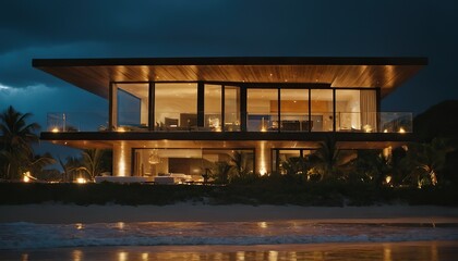 Obraz premium Modern beach villa struck by lightning, storm, thunder, danger, beach house, villa, architecture, modern,