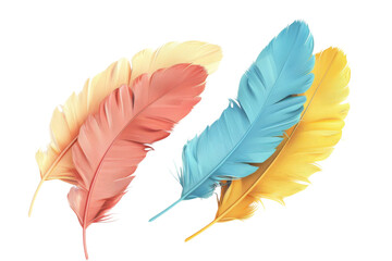 Colorful feathers in yellow, blue, and red shades. Isolated on white background. Perfect for design, craft, and art projects. Isolated on transparent background.