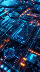 Fototapeta premium Abstract blue and orange circuit board with copy space text for technology, science, and innovation.