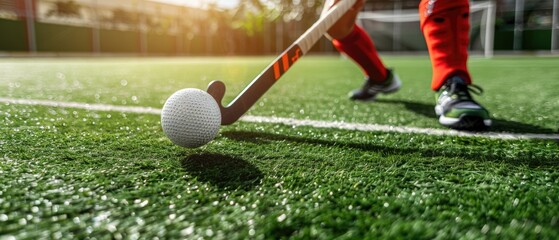 Field hockey player in action on the game field, focusing on the ball and stick during a sunny day.