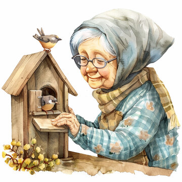 recommend clip art: grandma is building a charming birdhouse, watercolor clipart on white background'