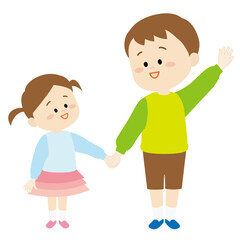 妹に横断の見本を見せる兄のイラスト