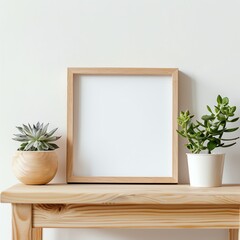 Mockup empty, photo frame, on a wooden table, with plants beside, minimal and clean style , 2:3