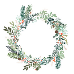 Elegant Christmas wreath made of green foliage, pine branches, and red berries, perfect for festive decoration or holiday season display. Isolated on transparent background.