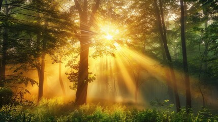 Radiant sunburst through dense, misty forest canopy at sunrise