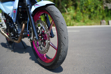 close up of a 4-Stroke underbone category sports motorbike outer tire