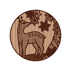 木彫り風円形シンプル花札　神無月　紅葉　鹿　10月　紅葉に鹿