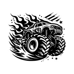 monster car and flame logo design for t-shirt clothing brand. T-shirt logo design concept