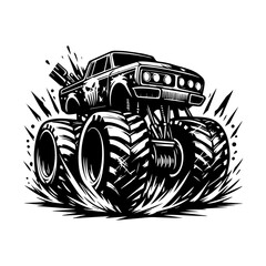 monster car and flame logo design for t-shirt clothing brand. T-shirt logo design concept