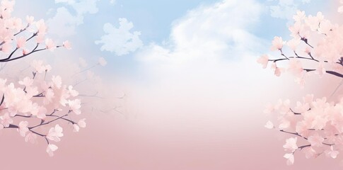 april background with pink and white flowers and branches against a blue sky with white clouds