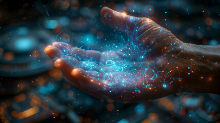 A close-up of a businessman's hand interacting with holographic virtual screens displaying network data, enveloped in a blue sci-fi environment with a bokeh background