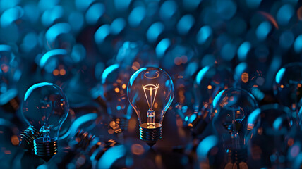 standing out among a sea of shutdown light bulbs, bathed in a serene blue hue,