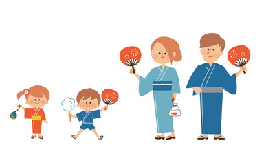 日本の夏祭り　盆踊り　浴衣を着て笑顔で立つ家族のイラスト