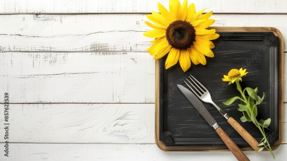 Wall mural menu written on chalkboard plastic dish and utensil sunflower on white wooden background