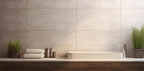 bathroom background featuring a white sink with a silver faucet, accompanied by a brown pot and a green plant, set against a tiled wall and white countertop