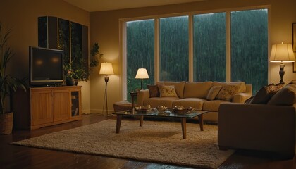 Modern luxury living room interior with furniture in the rainy day with darkness