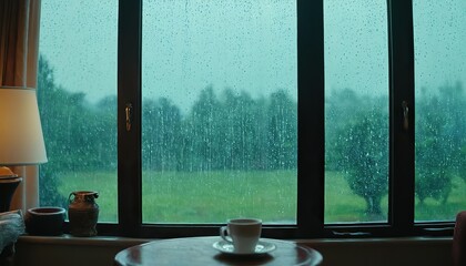 Rain drop on glass window with green plant outside home
