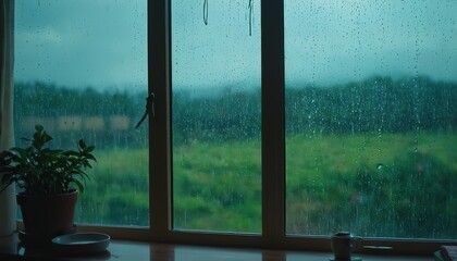 Fototapeta premium Rain drop on glass window with green plant outside home 