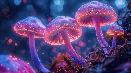 Futuristic mushrooms on an amazing landscape. Science fiction concept image of fantastic mushrooms. Generative AI