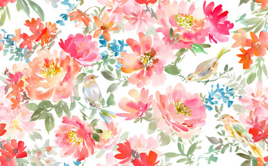 Abstract Red Peonies and Foliage Seamless Pattern in Watercolor with transparency background, Watercolor Floral Textile Design