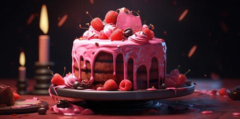 cake background with red strawberries and candles on a red table