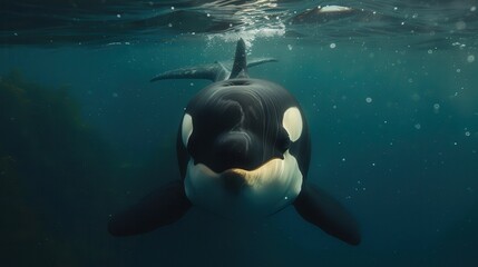 Close up of an orca swimming underwater