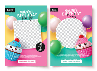 Birthday invitation card vector template design. Birthday party invitation template with blank space for kids picture and cute cup cake decoration elements. Vector illustration greeting card set.